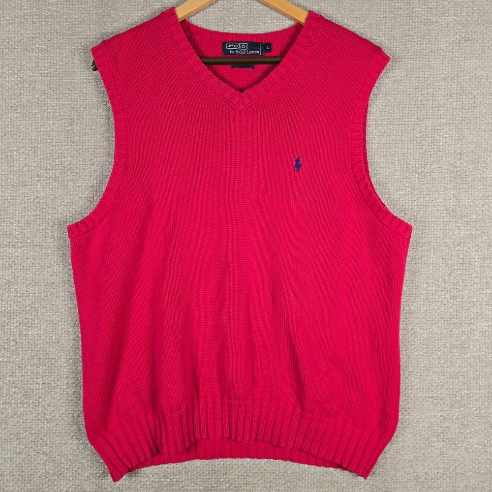 Polo Ralph Lauren Red V-Neck Cotton Knit Sweater Vest Blue Pony Logo Mens Large